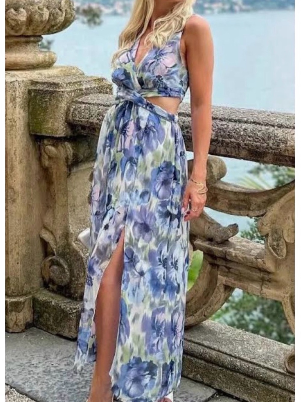Floral V-Neck Cutout Maxi Dress in Blue and Green Zara